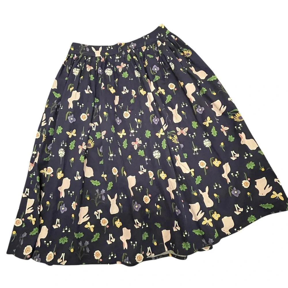 ModCloth x Collectif Spring Skirt Sz 4 Navy Easter Bunnies Butterflies Mushrooms - Picture 6 of 8